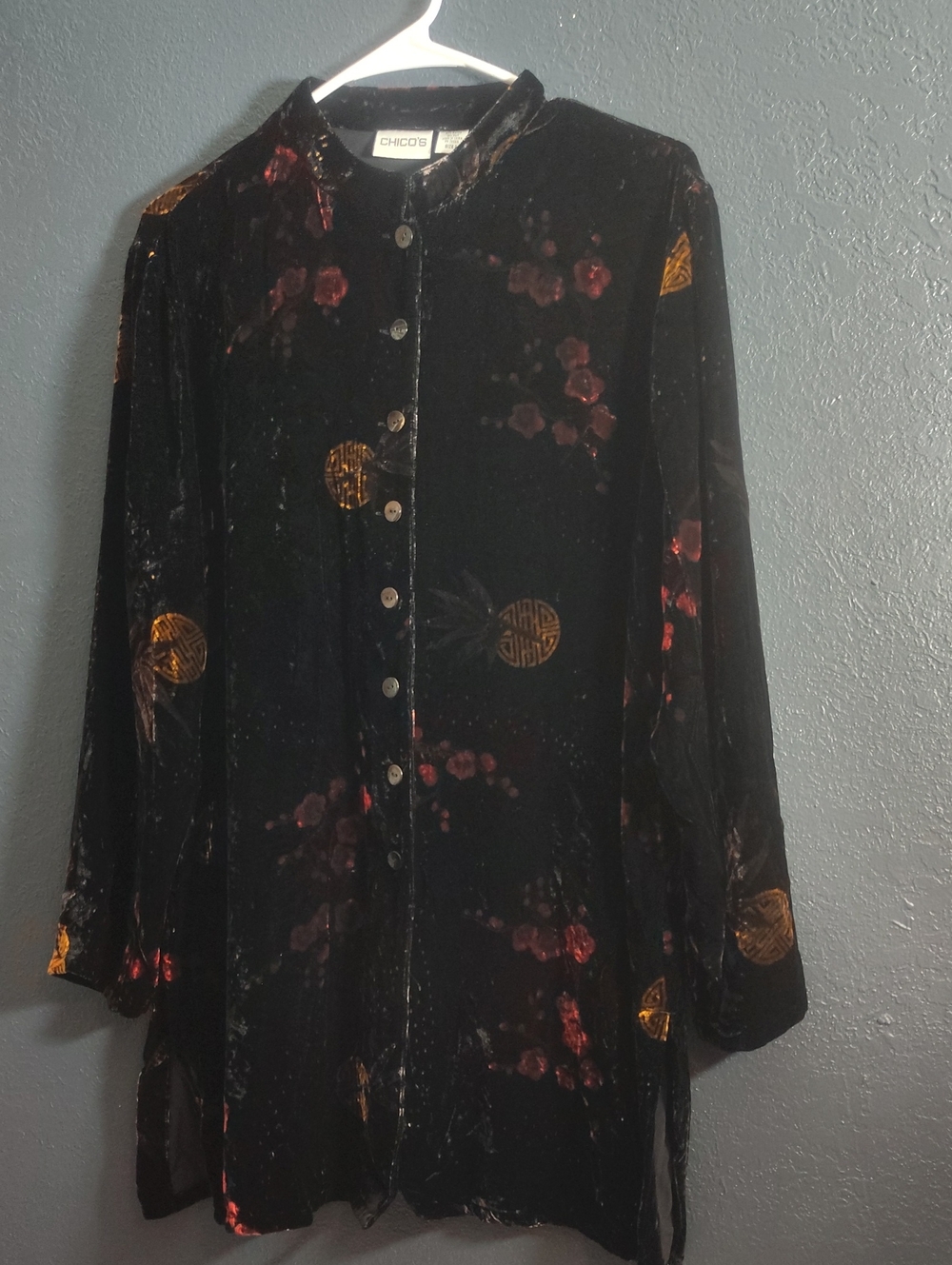 Chico's Black Asian Inspired Silk Velvet Burnout Tunic Blouse Large